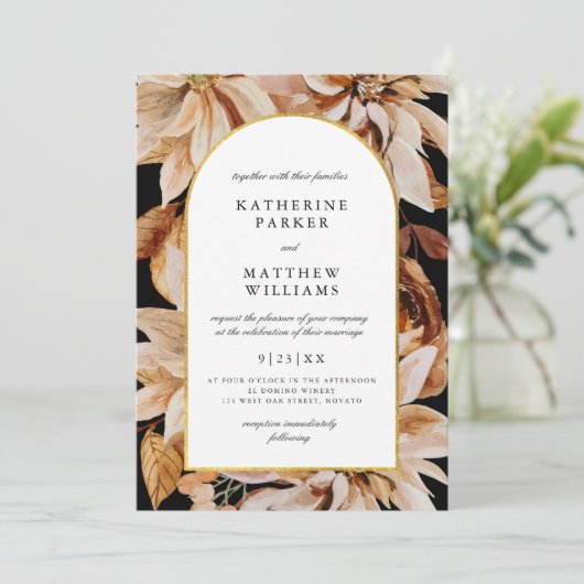 Elegant Gold Arch Herfst Waterverf Floral Wedding  Kaart (Staand voorkant)