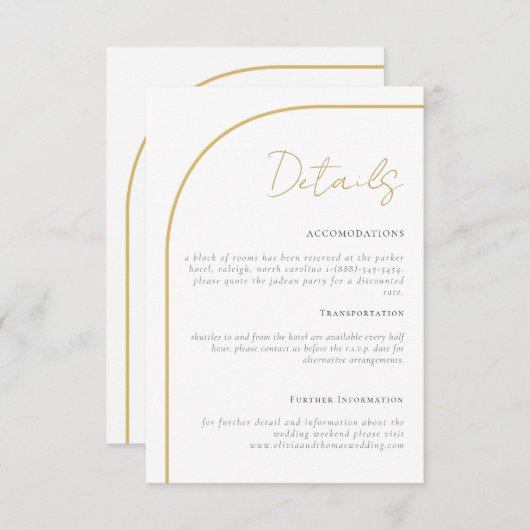Elegant Gold Arch Wedding Details Enclosure Kaart (Voorkant / Achterkant)