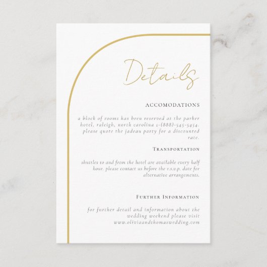 Elegant Gold Arch Wedding Details Enclosure Kaart (Voorkant)