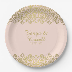 Elegant  Gold Art Deco Lace Blush Wedding Papieren Bordje