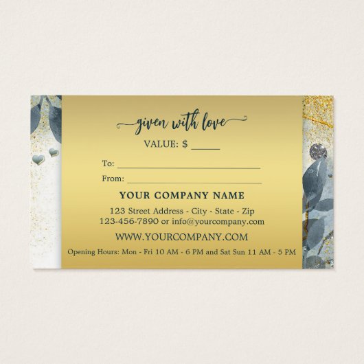 Elegant Gold Artistic Leaves Cadeaubon Visitekaartje (Achterkant)