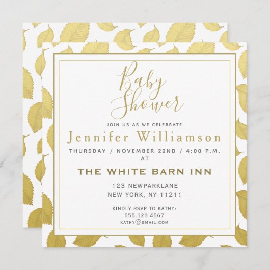 Elegant Gold Autumn Leaves - Baby shower Kaart (Voorkant / Achterkant)
