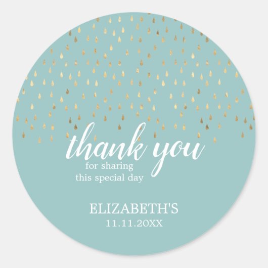 Elegant Gold & Baby Blue Raindrops Baby shower Ronde Sticker (Voorkant)