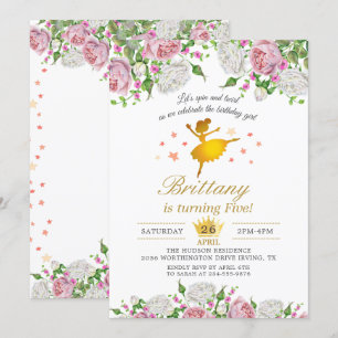 Elegant Gold Ballerina Floral Girl Birthday Party Kaart