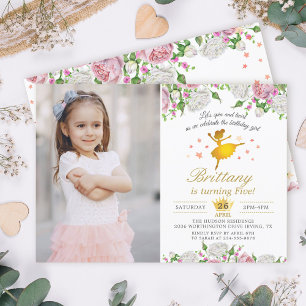 Elegant Gold Ballerina Floral Girl Foto Birthday Kaart