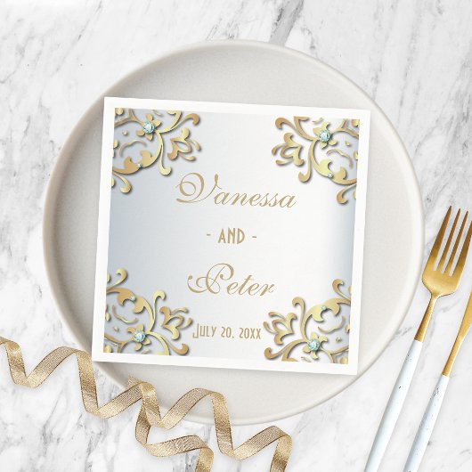Elegant Gold Baroque Border on Silver Wedding Servet
