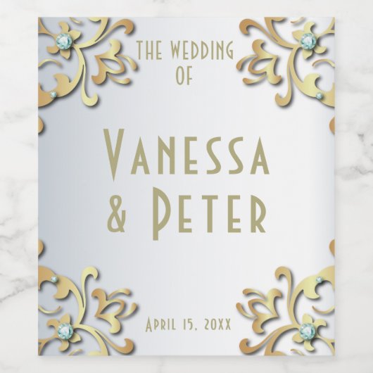 Elegant Gold Baroque Border on Silver Wedding Wijn Etiket (Enkel label)