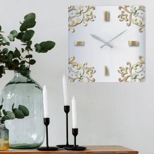 Elegant Gold Baroque Filigree Border on Silver Vierkante Klok