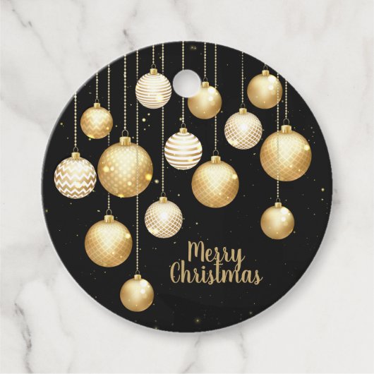 Elegant Gold Baubles kerstversieringen op zwart Bedankjes Labels (Voorkant)