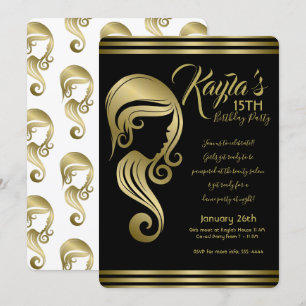 Elegant Gold Beauty Girl Hair & Makeup Salon Party Kaart