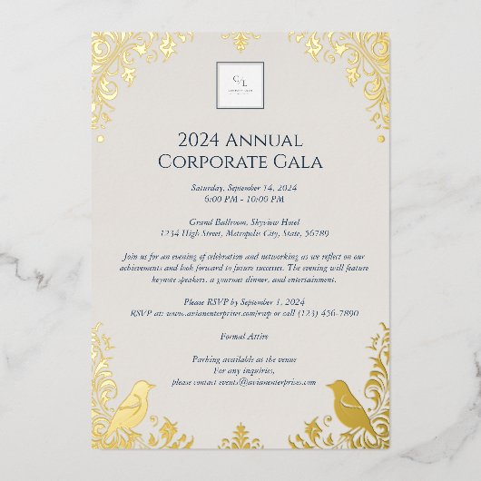Elegant Gold Bird & Floral Corporate Event Folie Uitnodiging (Voorkant)