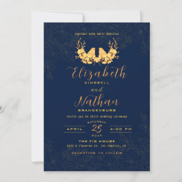 Elegant Gold Birds Floral Navy Blue Wedding Kaart