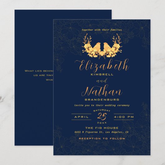 Elegant Gold Birds Floral Navy Blue Wedding Kaart (Voorkant / Achterkant)