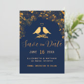 Elegant Gold Birds Navy Blue Floral Pattern Save The Date (Staand voorkant)