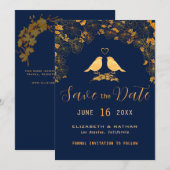 Elegant Gold Birds Navy Blue Floral Pattern Save The Date (Voorkant / Achterkant)