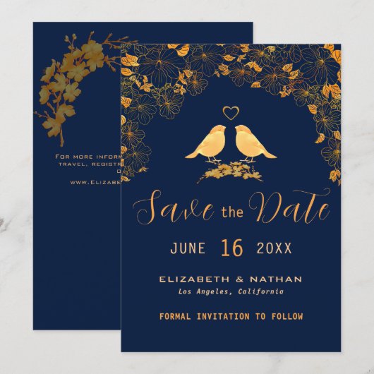 Elegant Gold Birds Navy Blue Floral Pattern Save The Date (Voorkant / Achterkant)