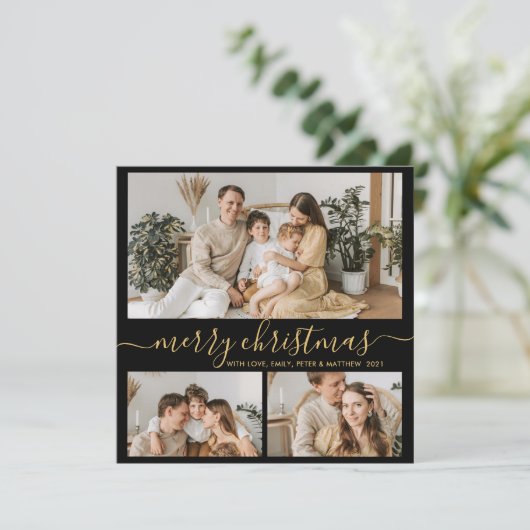 Elegant Gold Black 3 Photo Collage Kerstmis Feestdagenkaart (Staand voorkant)