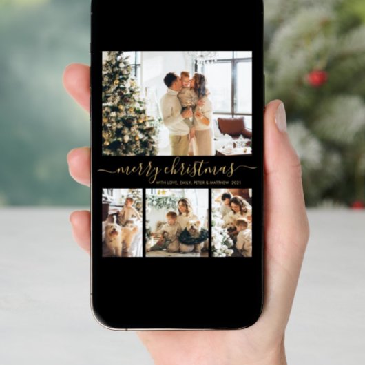 Elegant Gold Black 4 Photo Collage Kerstmis Feestdagenkaart