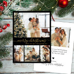 Elegant Gold Black 4 Photo Collage Kerstmis Feestdagenkaart<br><div class="desc">Minimalistische, elegante kalligrafie 4 Foto Collage Merry Kerstscript Holiday Card in Black en Gold. Deze feestelijke, eenvoudige sjabloon met vier (4) fotovakantiekaarten is voorzien van een foto-collage op het raster en zegt "Vrolijk kerstfeest"! De tekst van de groet "Merry Kerstmis" is geschreven in een mooi handgeschreven, met een poster geschreven...</div>