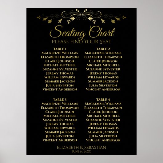 Elegant Gold & Black 4 Table Wedding Seding Chart Poster (Voorkant)