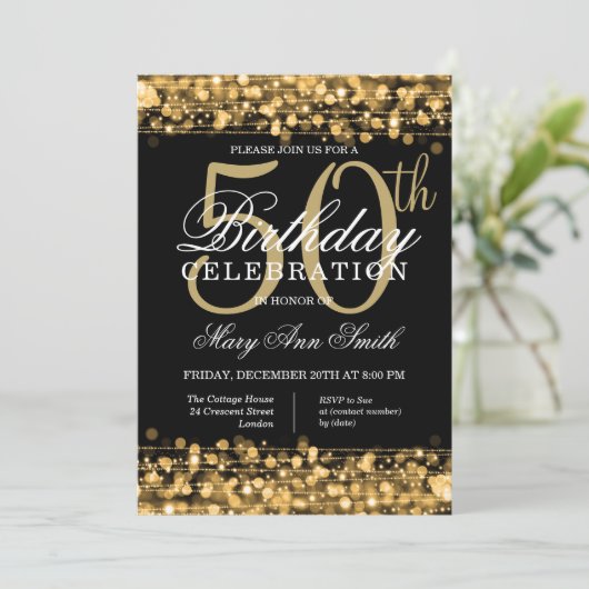 Elegant Gold & Black 50th Birthday Party Sparkles Kaart (Staand voorkant)