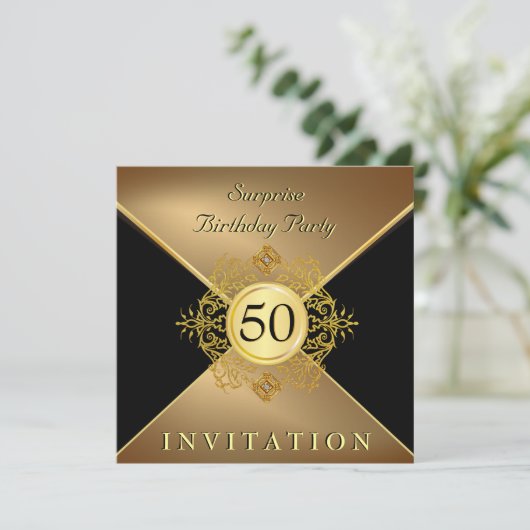 Elegant Gold Black 50th Birthday Surprise Party in Kaart (Staand voorkant)