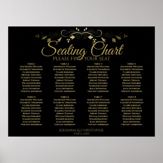 Elegant Gold & Black 8 Table Wedding Seding Chart Poster (Voorkant)