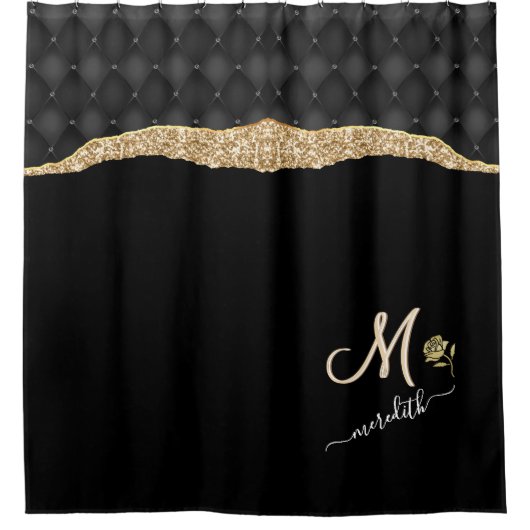 Elegant Gold Black Aangepaste monogram Naam Roos Douchegordijn (Voorkant)