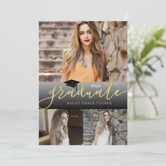 Elegant Gold Black Afstuderen 3-foto's Afstuderen Aankondiging (Staand voorkant)