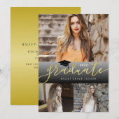 Elegant Gold Black Afstuderen 3-foto's Afstuderen Aankondiging (Voorkant / Achterkant)