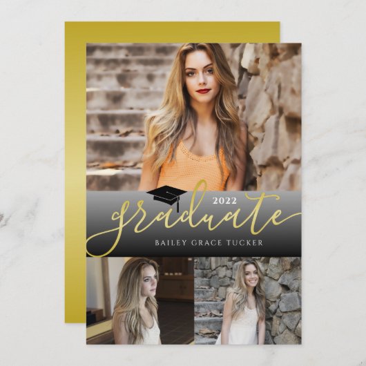 Elegant Gold Black Afstuderen 3-foto's Afstuderen Aankondiging (Voorkant / Achterkant)