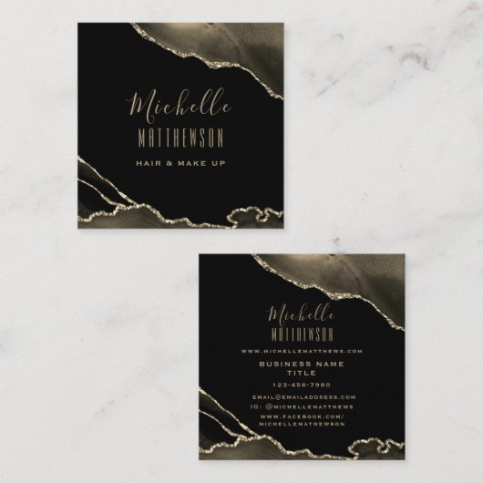 Elegant Gold Black Agate Marble Script Vierkante Visitekaartje (Voorkant / Achterkant)