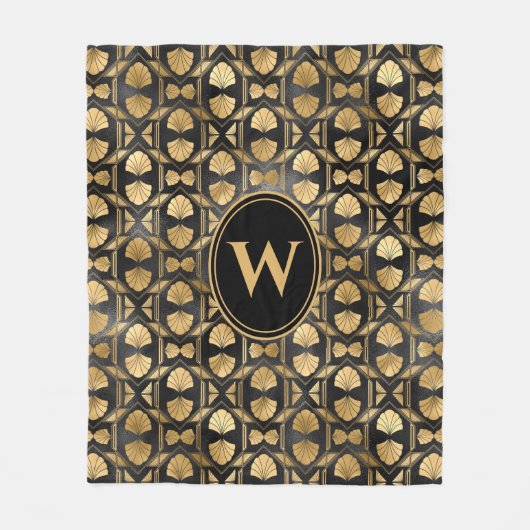 Elegant Gold Black Art Deco Shell Monogram Patroon Fleece Deken (Voorkant)