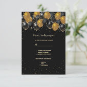 Elegant Gold Black Balloons Confetti Wedding RSVP Kaartje (Staand voorkant)