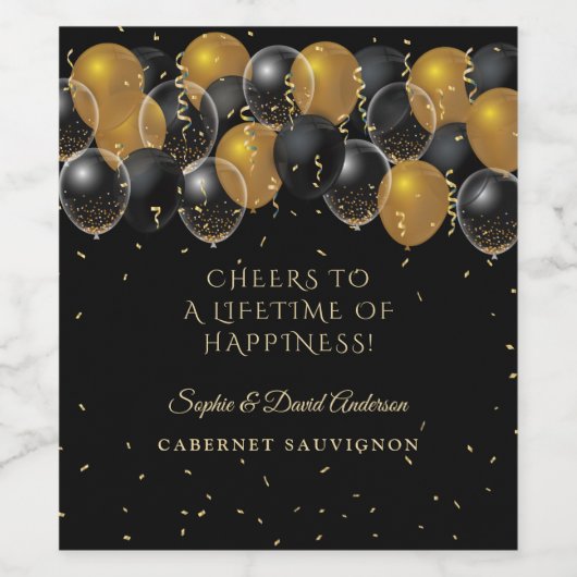 Elegant Gold Black Balloons Confetti Wedding Wijn Etiket (Enkel label)
