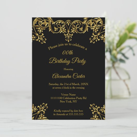 Elegant  Gold Black Birthday Party Kaart (Staand voorkant)