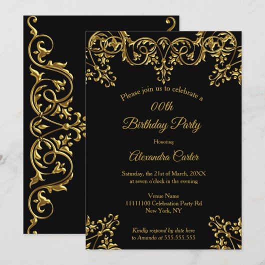 Elegant  Gold Black Birthday Party Kaart (Voorkant / Achterkant)