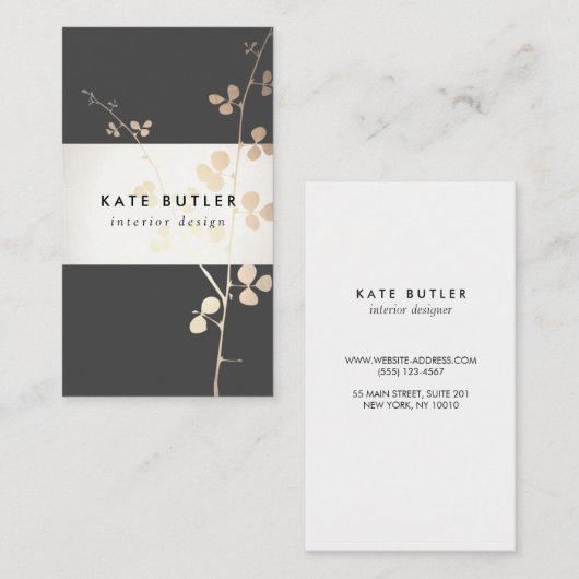 Elegant Gold Black Branch Interior Designer Visitekaartje (Voorkant / Achterkant)