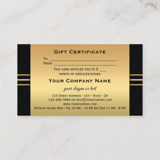 Elegant Gold Black Cadeaubon Sjabloon Kortingskaartje (Achterkant)
