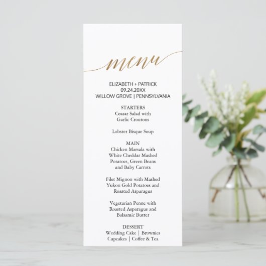 Elegant Gold & Black Calligraphy Dinner Menu Kaart (Staand voorkant)