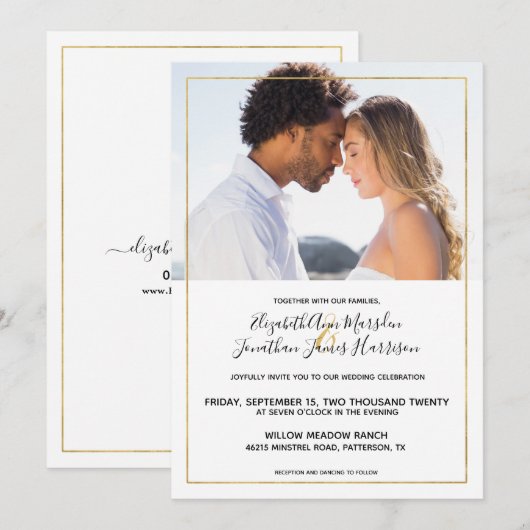 Elegant Gold Black Calligraphy Photo Wedding Kaart (Voorkant / Achterkant)