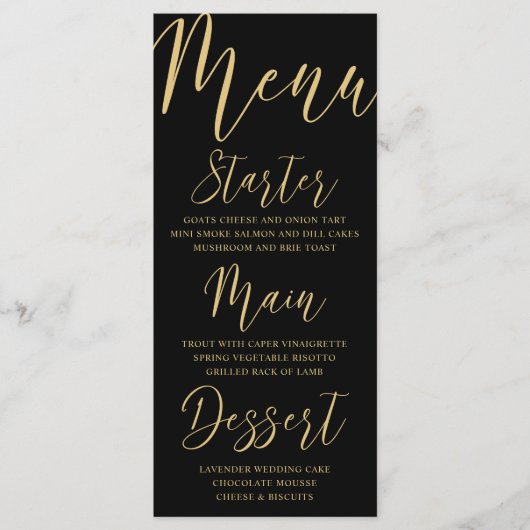 Elegant Gold & Black Calligraphy Wedding Menu (Voorkant)