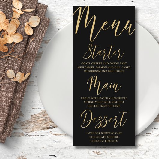 Elegant Gold & Black Calligraphy Wedding Menu