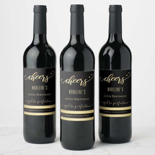 Elegant Gold Black Cheers Birthday Wine Label Wijn Etiket (Flessen)