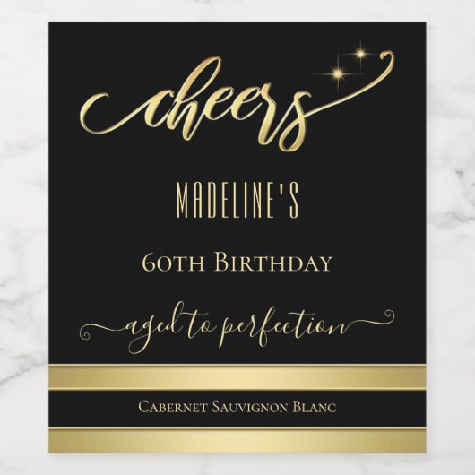 Elegant Gold Black Cheers Birthday Wine Label Wijn Etiket (Enkel label)