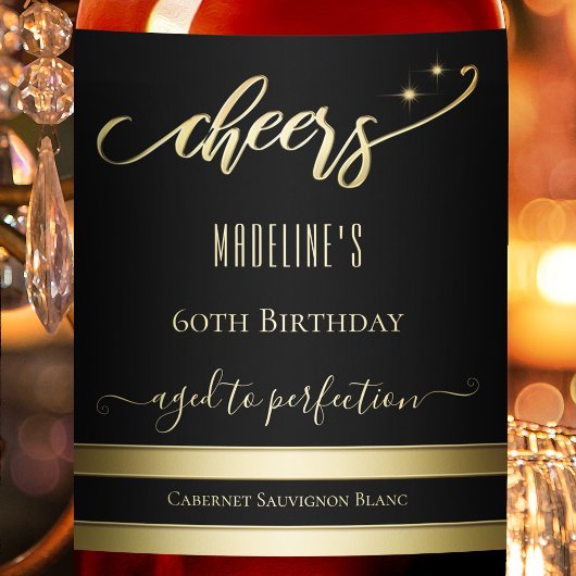 Elegant Gold Black Cheers Birthday Wine Label Wijn Etiket