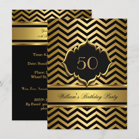Elegant Gold Black Chevron Birthday Party Kaart (Voorkant / Achterkant)