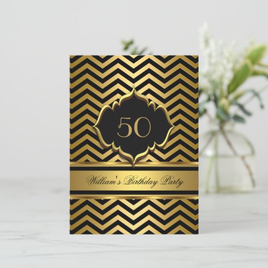 Elegant Gold Black Chevron Birthday Party Kaart (Staand voorkant)