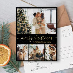 Elegant Gold Black Collage kerstkaart Folie Folie Feestdagen Briefkaart<br><div class="desc">Elegant Calligraphy Minimalist Gold Foil Script Gold Black 4 Foto Collage Merry kerstvakanay Card. Deze festieve, imitalistische, grillige sjabloon met vier (4) fotovakantiekaarten is voorzien van een fotocollage en zegt "Vrolijk kerstfeest"! De tekst van de groet "Merry Kerstmis" is geschreven in een mooi handgeschreven, donkergekleurd, met de hand geschreven lettertype...</div>