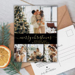 Elegant Gold Black Collage kerstkaart Folie Folie Feestdagen Briefkaart<br><div class="desc">Elegant Calligraphy Minimalist Gold Foil Script Gold Black 4 Foto Collage Merry kerstvakanay Card. Deze festieve, imitalistische, grillige sjabloon met vier (4) fotovakantiekaarten is voorzien van een fotocollage en zegt "Vrolijk kerstfeest"! De tekst van de groet "Merry Kerstmis" is geschreven in een mooi handgeschreven, donkergekleurd, met de hand geschreven lettertype...</div>